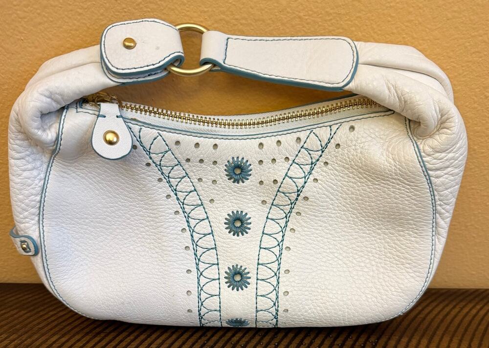 Cole Han leather mini bag white with teal details embroidered stitching